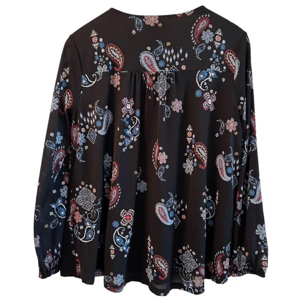 Style & Co. Navy Long Sleeve Boho Blouse with Paisley Pattern & Tassels Small - Picture 3 of 10